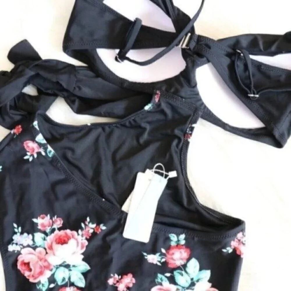 NWT Black Floral Printed One Piece Size Medium Wrap Cutout Bathing Suit - Picture 7 of 10